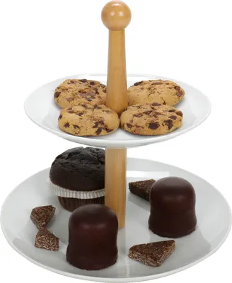 Produktbild von Excellent Houseware Etagere Etagenständer Servierplatte aus Porzellan Holz für Kekse Kuchen Obst 2-stöckig
