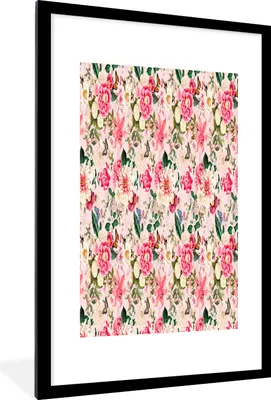 Produktbild von MuchoWow® MuchoWow® Gerahmtes Poster Blumen - Lilie - Rosa - Schmetterling 60x90 cm - Poster mit zchwarzem Bilderrahmen - Dekoration - Wandposter Wohnzimmer - Hochwertig