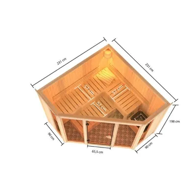 Image de Karibu Sauna Innensauna Alcinda, porte en verre pleine, entrée frontale, sans accessoires, dimensions 231x231x198 cm, sans moulure de toit