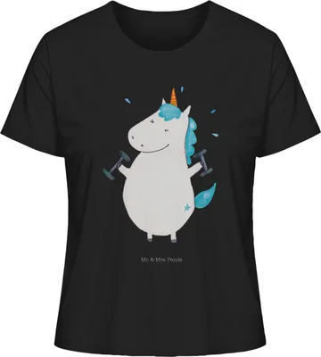 Produktbild von Mr. & Mrs. Panda Damen T-Shirt Einhorn Fitness Größe M - Schwarz - Geschenk, Basic, Sport, shirt, Kurzarmshirt, Gym, Einhörner, Oberteil, Unicorn, Baumwoll, Fitnessstudio