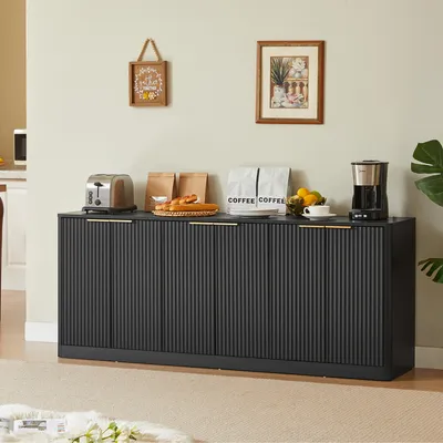 Produktbild von MODFU modernes Sideboard Aufbewahrungsschrank mit Wellenform 6-türiges Design Wohnzimmerschrank mit Stauraum und Metallgriff Schwarz