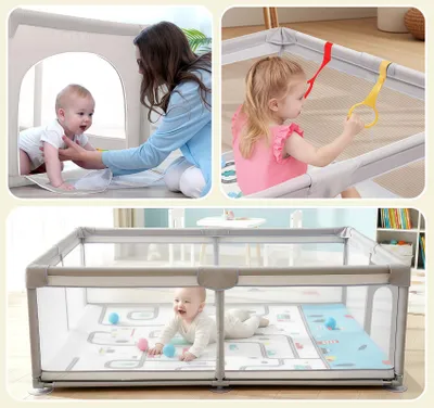 Produktbild von Laufstall Baby, Laufstall 180x200cm, Laufgitter Baby mit Matratze, Playpen mit Atmungsaktivem Netz, 50 Ozeanbällen, Laufgitter 600D Oxford Gewebe,Grau