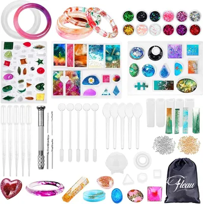 Produktbild von Fleau Epoxy Starter Kit - 187 dielov + 50 otvorených náušníc - výroba šperkov - Resin Art - kompletná sada vrátane vrtákov a špendlíkov - 12 farieb