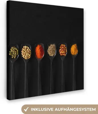 Produktbild von MuchoWow® - Leinwandbilder - Löffel - Gewürze - Schwarz - Gewürze - Rustikal, Wandbild, Wanddeko Bilder Wohnzimmer, 90x90 cm