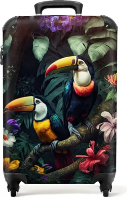 Obrázek produktu pro NoBoringSuitcases.com® Kufr Příruční zavazadlo na kolečkách Kufr na kolečkách Malý cestovní kufr na 4 kolečkách - Toucan - Flowers - Jungle - Birds - Cabin Size < 55x40x23 cm & 55x40x20 cm - Foto kufr - Cabin suitcase - Board luggagePříruční zavazadlo Kufr 55x35x20 cm, 36L,