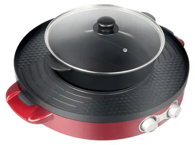 Image de Marmite électrique avec grill - Grill de table - 2200 W - 28,4 cm - Plaque de cuisson amovible - Double casserole séparée - Revêtement antiadhésif - Facile à nettoyer - Rose