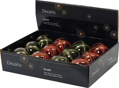 Produktbild von Weihnachtskugeln Glas 8cm Karomuster 12er Set Rot / Dunkelgrün