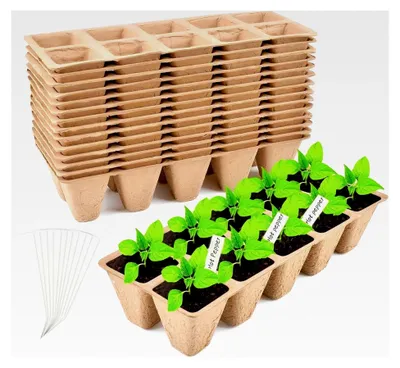 Produktbild von 240 Anzuchttöpfe, 24 Stück Anzuchtplatten biologisch abbaubar für 240 Setzlinge, 10 Fächer 4 cm quadratische Anzuchtschalen mit Pflanzenetiketten (22 cm x 9 cm)