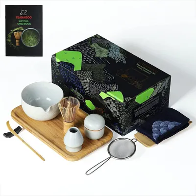 Immagine prodotto di Set da tè giapponese con vassoio in bambù, ciotola per matcha con beccuccio, frusta in bambù, cucchiaio, supporto, contenitore per tè in polvere, 10 pezzi, color grigio chiaro