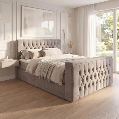 Produktbild von ELVORA DESIGNE Boxspringbett 140x200 cm HORIZON mit Bonellmatratze H3 & Topper, 2 Schubladen, Beige