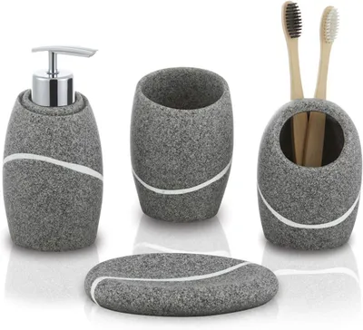 Produktbild von Badezimmer-Accessoire-Set 4-teilig, grau, Zahnbürstenhalter und Seifenspender, für Badezimmer