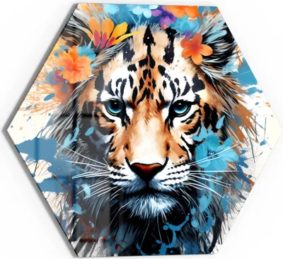 Produktbild von DEQOART Glasbild Echtglas 55x48 cm 'Tigerflorale Pracht' Wandbild Bild modern Deko