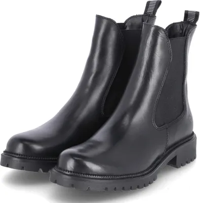 A pair of black leather Chelsea boots.
