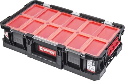 A black and red tool organizer box with multiple compartments.
