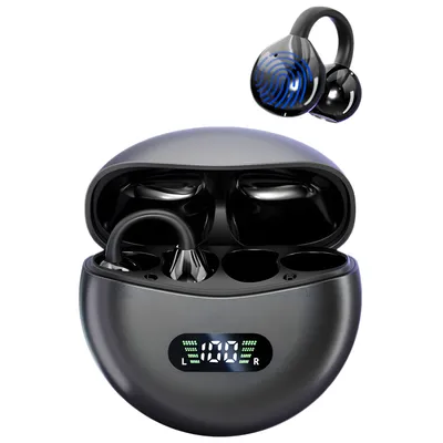 A pair of black wireless earbuds and their charging case are displayed against a white background. The charging case is open, revealing the earbuds inside. A digital display on the front of the case shows '100' and 'L' and 'R' indicators.