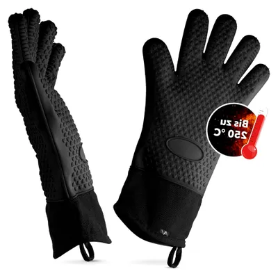 Produktbild von Silikon Ofenhandschuhe Hitzebeständig Grillhandschuhe Rutschfeste Kochhandschuhe mit Baumwoll-Innenfutter bis 250°C - Schwarz
