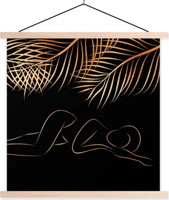 Produktbild von MuchoWow® Textilposter Frau - Blätter - Linie bei - Schwarz und Gold 60x60 cm mit holzfarbenen Rahmen - Wanddekoration