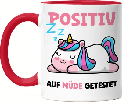 Produktbild von Positiv Auf Müde Getestet Tasse Rot Träumer Langschläfer Corona Faulheit Schlafmütze Schlaf Einhorn Faulheit