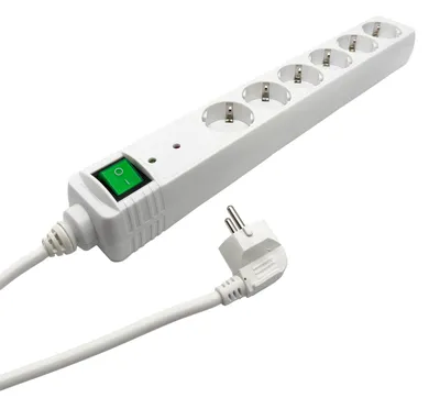 Produktbild von VIVanco™Weiße Mehrfachsteckdose mit 6 Schuko-Steckdosen, 1,4 m Kabel, grünem ON/OFF-Schalter und Überspannungsschutz