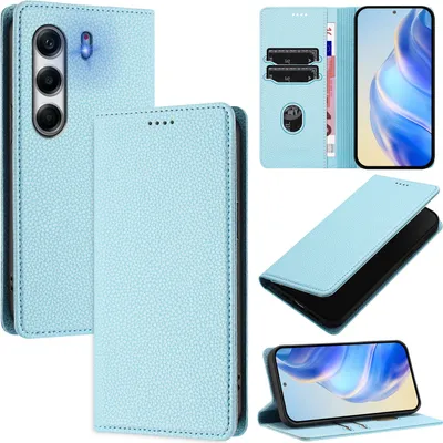 Produktbild von Litchi Leder Handyhülle für Tecno Camon 40 Pro 4G Wallet Kartenfächer Standfunktion Hülle Hellblau