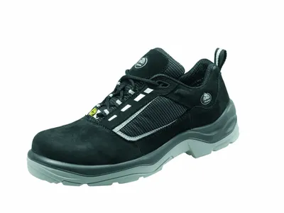 A black and gray safety shoe is shown against a white background.