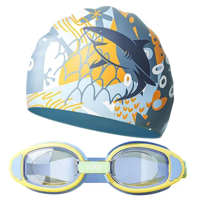 Produktbild von 2 Stück Kinder Schwimmbrille Badekappe Set, Elastisch Verstellbar, Schwimmen Zubehör, Blau