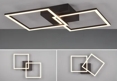 A collage of images showing a modern ceiling light fixture with square frames.