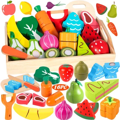 Imagen del producto de Juego de cocina de madera, con 16 accesorios de frutas y verduras, para niños a partir de 3 años, ideal para fomentar la creatividad