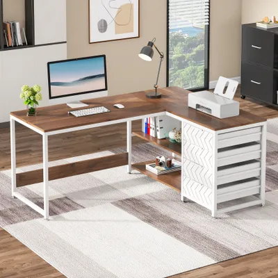 Produktbild von Tribesigns L-förmiger Schreibtisch, 150 cm Eckschreibtisch mit Regalen, umkehrbarer L-förmiger Bürotisch Studie Schreibtisch Arbeitsplatz, Walnuss