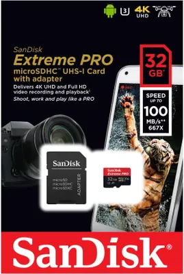 Immagine prodotto di SanDisk Extreme Pro - Scheda di memoria flash (adattatore da microSDXC a SD incluso) - 32 GB - A1 / Classe video V30 / UHS-I U3 - 667x - microSDHC UHS-I