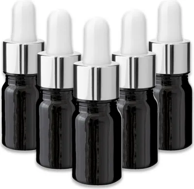 Produktbild von 5x Schwarze Glasflasche 5 ml mit silberner Pipette Glasfläschchen leer