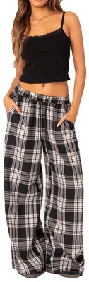 Immagine prodotto di Elzusha - Pantaloni da pigiama a quadri da donna, vita elastica, gamba larga, pantaloni da casa, colore nero, taglia A