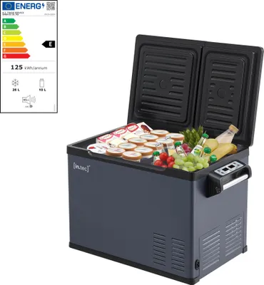 A portable car refrigerator filled with drinks and food, with an energy efficiency label next to it.