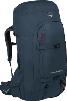 A studio shot of a blue Osprey trekking backpack.