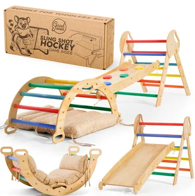 Image de kit d'escalade Montessori 5 en 1 : triangle d'escalade intérieur, arche d'escalade avec coussins, et toboggan pour enfants, aire de jeux intérieure 1-3 ans