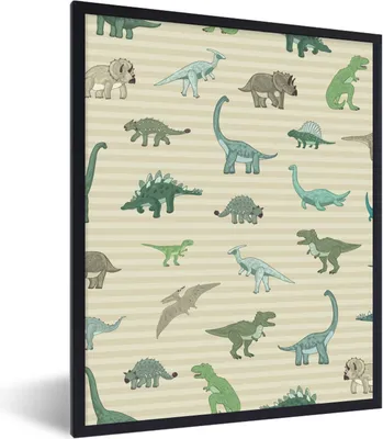 Produktbild von MuchoWow® Gerahmtes Poster Dinosaurier - Braun - Grün - Jungen - Mädchen - Kinder 60x80 cm - Poster mit Schwarzem Bilderrahmen Wandposter Rahmen Foto Bilder - Premium - Wanddeko Wohnzimmer