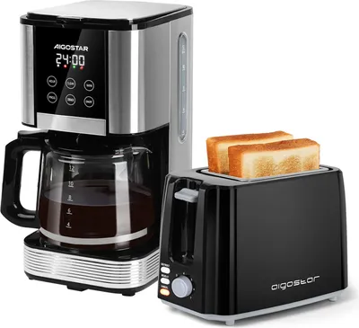 Produktbild von Aigostar - Frühstücks-Set 1,5L Filterkaffeemaschine Edelstahl 1000W/ 2-Scheiben Toaster