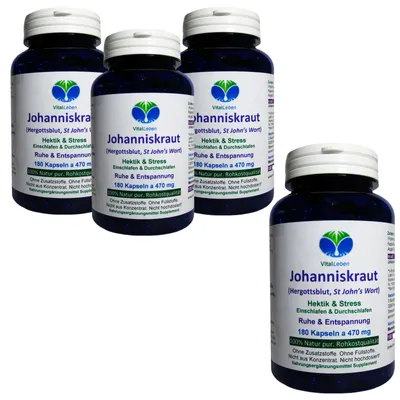 Produktbild von Johanniskraut natürliches Hypericin 720 (4x180) Kapseln Ruhe & Entspannung NATUR Pur ohne Zusatzstoffe Kein Extrakt.