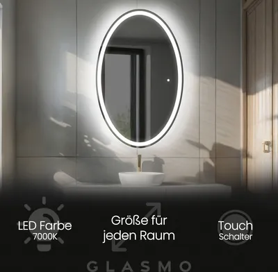 Produktbild von Wandspiegel mit Beleuchtung 90x150 cm Vivian - Vertikal Oval Badspiegel mit LED Beleuchtung - Kaltweiß 7000K - Badezimmerspiegel Lichtspiegel mit Touch Schalter