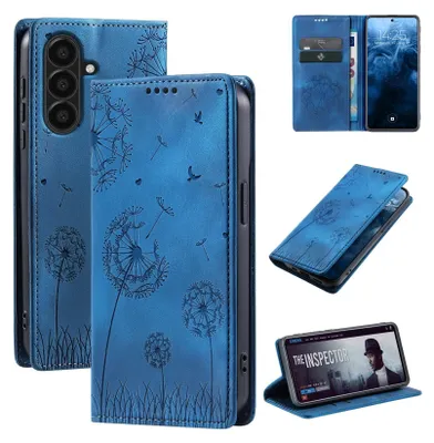 A collage of images showing a blue flip phone case with a dandelion design, including close-ups and the case in use.