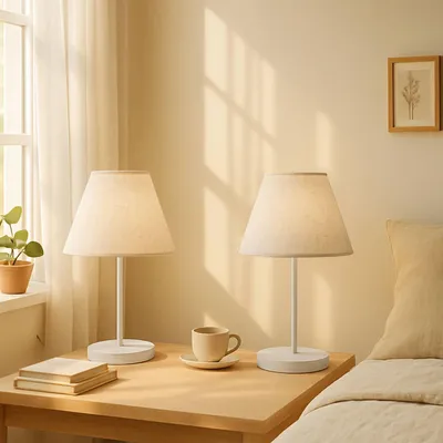 Produktbild von Opviq, Hochwertige Tischlampe, Creme, 37 cm hoch | Kunststoffkörper, Stoffschirm Ø22 h:14 cm | 1 x E27 Max 40 W, Kabel 100 cm mit Schalter | Modernes Design für jeden Raum