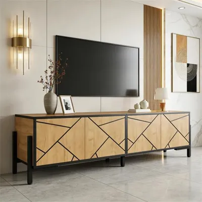 Image de Meuble TV 153 cm, bois naturel + noir, 4 portes, 65 pouces