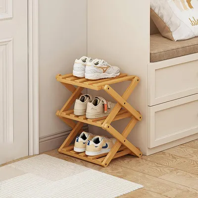 Immagine prodotto di Scaffale per scarpe, 3 ripiani, bambù, pieghevole, 27x26x39 cm, autoportante