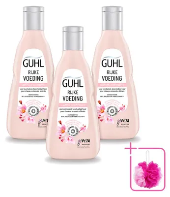 Imagen del producto de 3 champús nutritivos Guhl para cabello seco, 250 ml cada uno, pack ahorro de 3 unidades