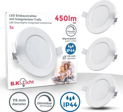 Produktbild von Einbauspot 100mm 3er Set - 230V, 6W, 450lm, LED, dimmbar, IP44, warmweiß, weiß