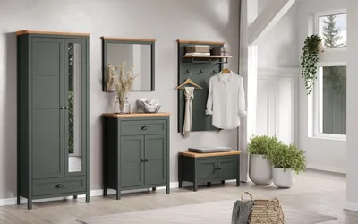 A well-lit entryway with a collection of furniture, including a wardrobe, cabinet, and bench, all in a dark green finish with wood accents. The scene is decorated with plants and a basket, suggesting a home environment.