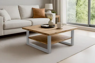 Produktbild von Couchtisch Baumkante massiv Akazie natur lackiert 90x90 cm silber PATRICK