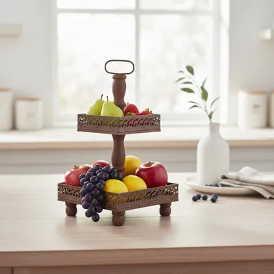 Image de Mucola Étagère 2 étages Plateau de service Présentoir Présentoir Coupe de fruits Coupe à pâtisserie Vintage Présentoir à gâteaux - MarronGris