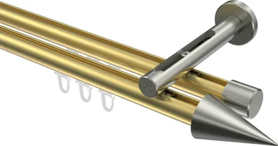 Produktbild von Interdeco Innenlaufstange / Gardinenstange mit Innenlauf Messing-Optik / Edelstahl-Optik, Typ Siteno Savio (Kegel), 20 mm Ø 2-läufig, 360 cm