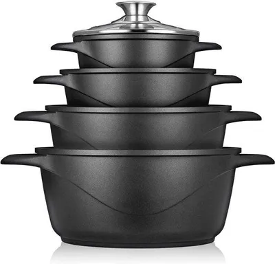 Image de Batterie de cuisine à induction, 8 pièces, en aluminium avec revêtement antiadhésif